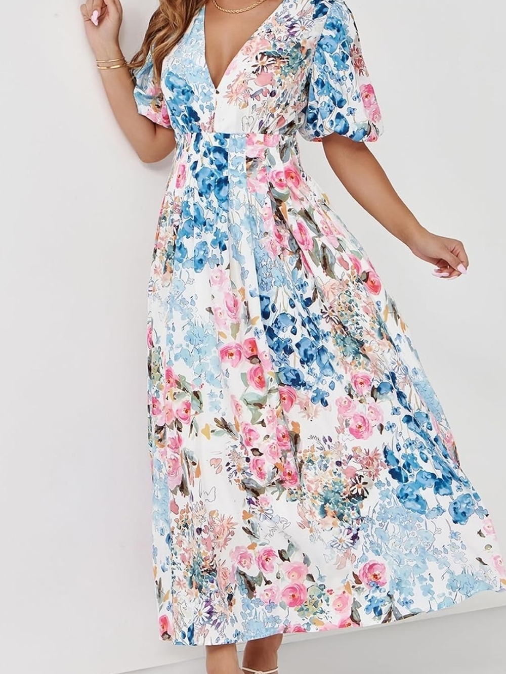 Floral V-Neck Maxi Dress in White with Blue & Pink Blooms